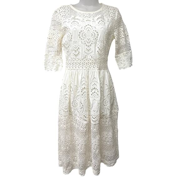 Sundance Soho Stroll Eyelet Lace Midi Dress Sheer Off White Unlined Size 8 - Picture 1 of 7